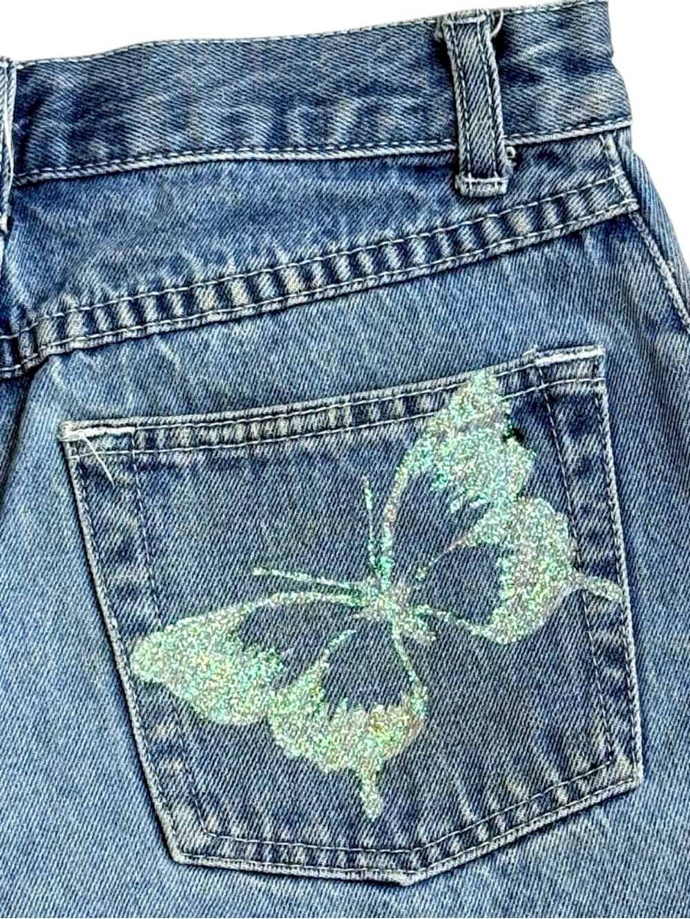 Youth Girls Gasoline Denim Shorts 12 Y2K Butterfly Blue Low Rise Jean Kids Retro